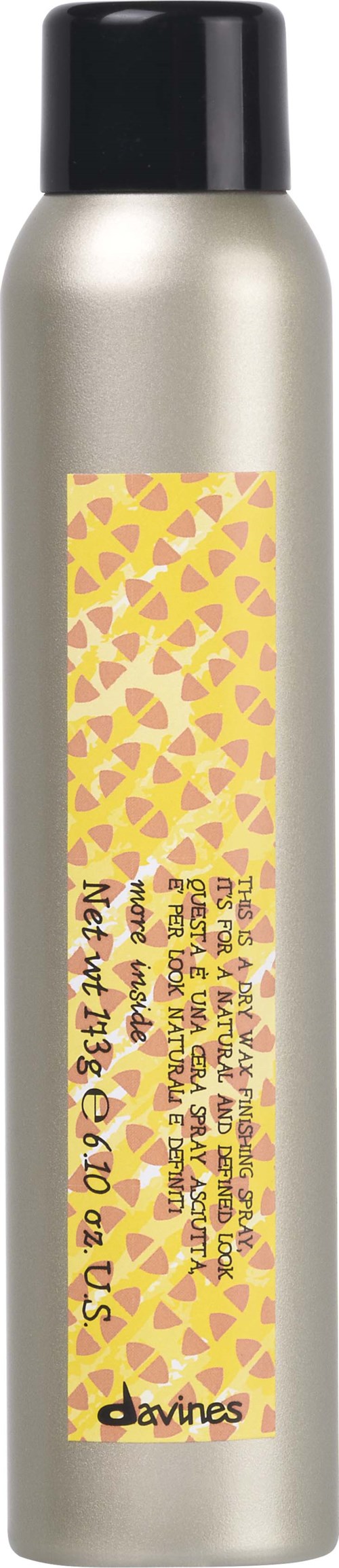 Silver aerosol can with a yellow and pink patterned label, and black cap.