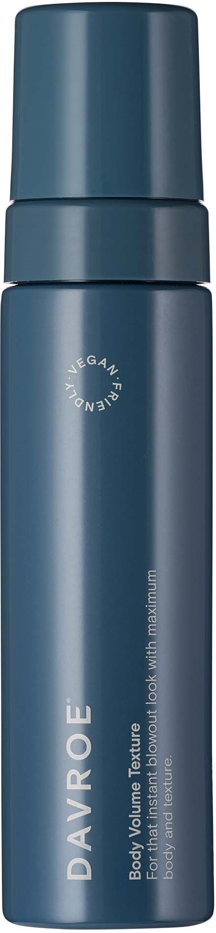A tall, blue spray bottle with a cap, labeled 'DAVROE' for body volume texture.