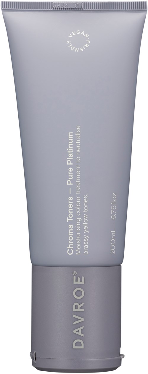 Ein grauer Tube von Davroe Chroma Toners, beschriftet 'Pure Platinum,' für Haarfarbe, 200ml, 6.76 fl oz.