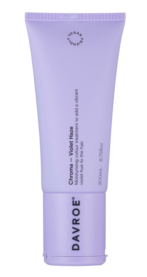 A light purple tube of DAVROE Chroma - Violet Haze hair treatment, 200 ml, with black text and logo.