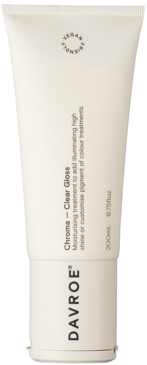 Eine weiße Tube des Davroe Chroma Clear Gloss Haarprodukts, 200 ml, mit schlichter Schrift und Design.