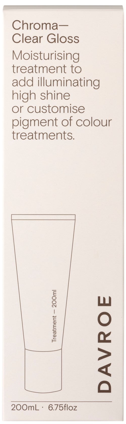 Ein Hautpflegeprodukt namens Davroe Chroma Clear Gloss, eine feuchtigkeitsspendende Behandlung in einer weißen Tube, 200 ml.