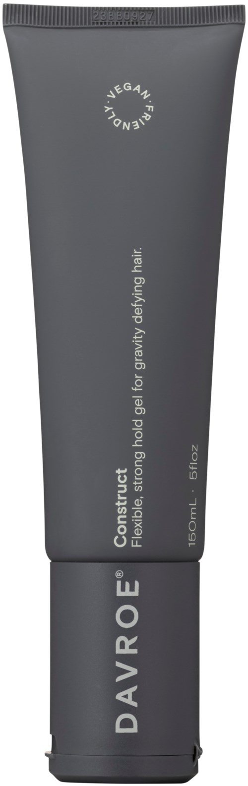 A dark gray tube labeled Devroe Construct, a gel for hair styling, with a simple brand name and description.
