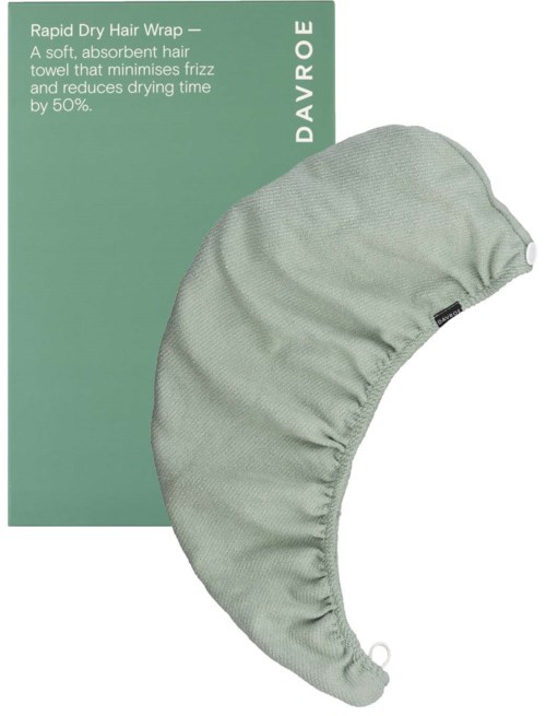 A soft, gray hair wrap with an elastic edge for drying hair faster and reducing frizz.