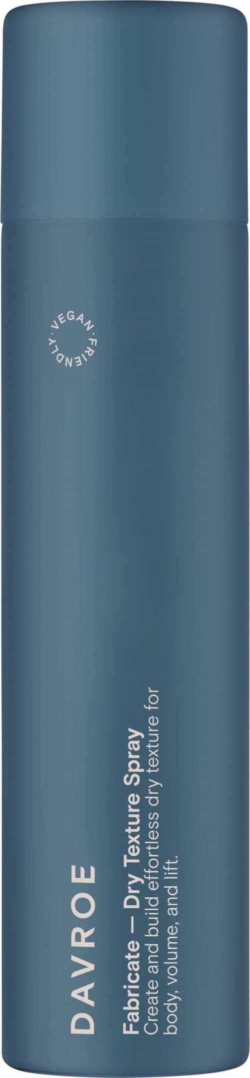 A tall blue aerosol can labeled Davroe, for dry texture spray, with a simple design and a cap.