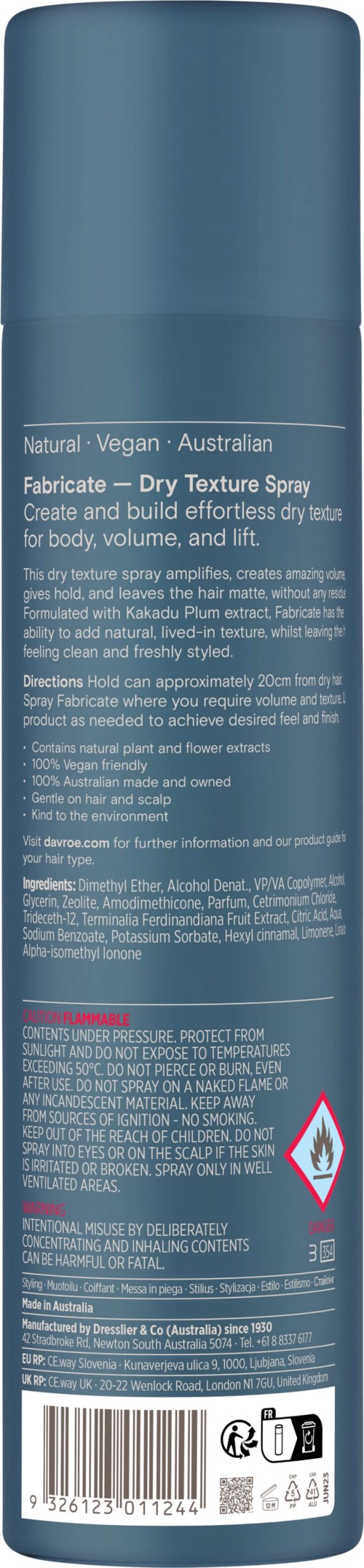 A tall, blue spray can with white and black text, indicating it’s a dry texture spray with safety warnings.
