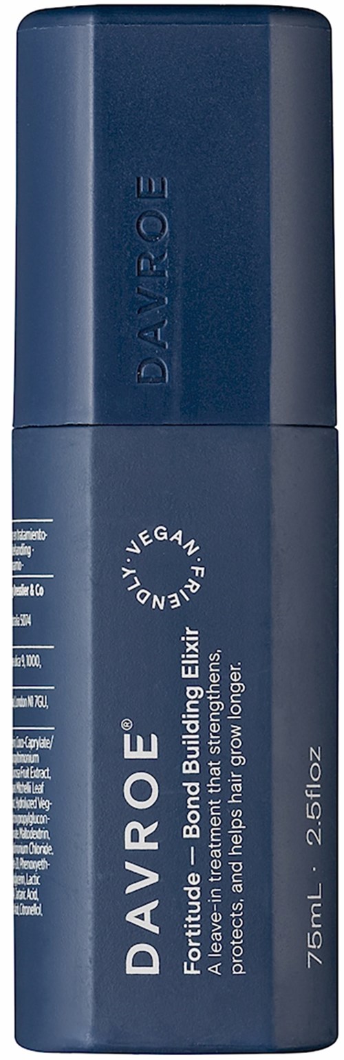 Blå sprayflaska med vitt text, säger DAVROE, Vegan, Fortify, Bond Building Elixir, 75ml.
