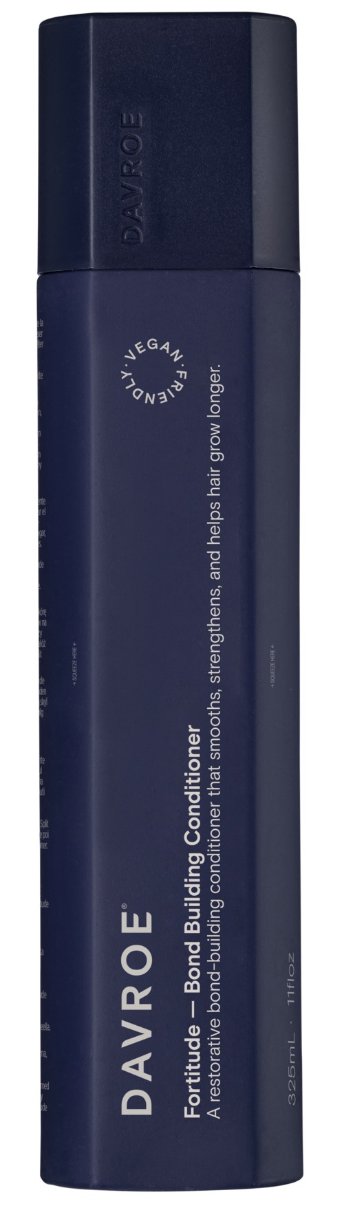 A tall, dark blue bottle with a label that says DAVROE, containing hair care product.