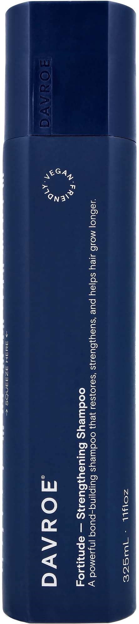En blå cylindrisk flaska med vitt text, som visar att det är Davroe Fortifique Shampoo, 352 ml i storlek.