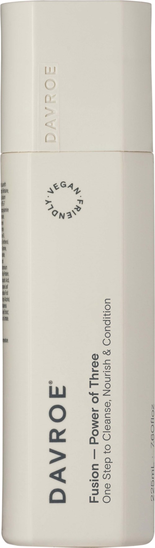 A white bottle with black and gray text, labeled as DAVROE Fusion, for hair care. It says vegan and cruelty-free.