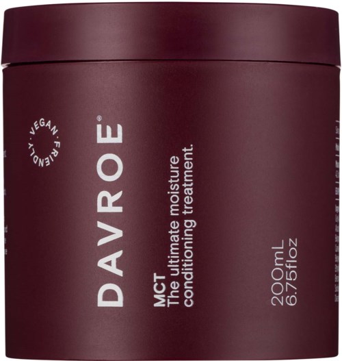 Een donkerrode pot Davroe MCT vochtinbrengende crème voor haar, veganistisch, conditioner, 200 ml.
