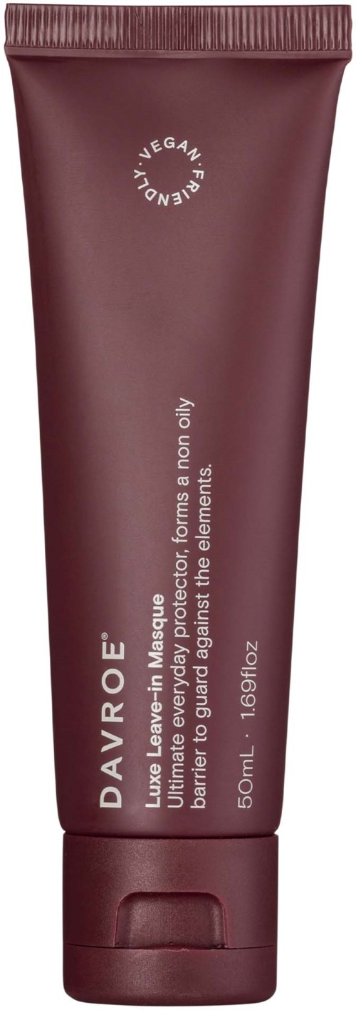 Ein bordeauxroter Tube mit DAVROE Luxe Leave-On Mask für Haare, vegan und cruelty-free, 50ml.