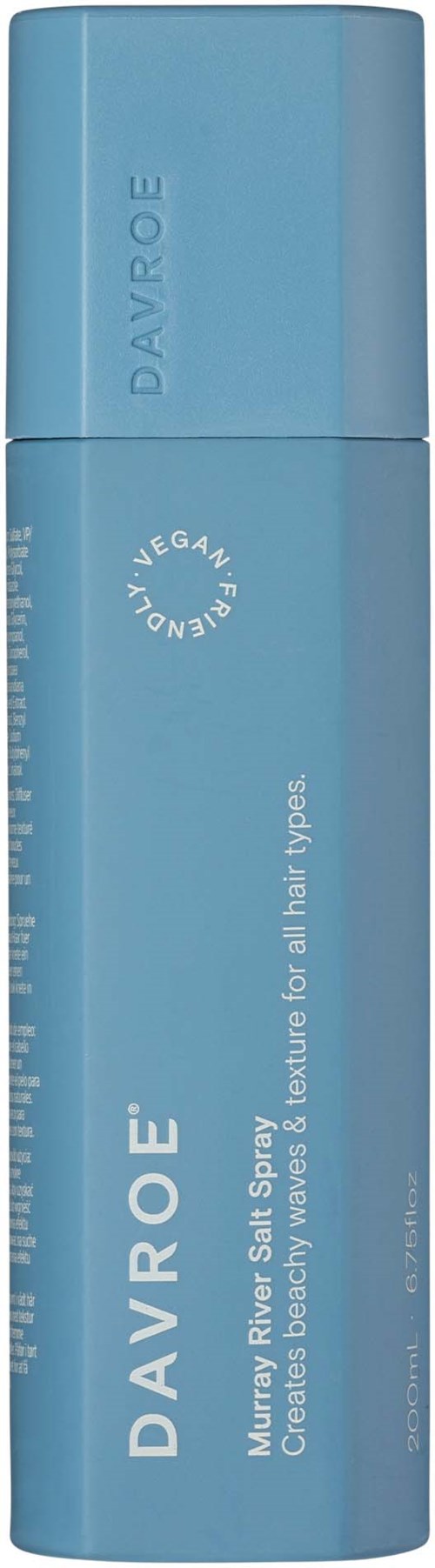 A tall, blue spray bottle labeled 'DAVROE' with the text 'Salt Spray' and 'creates beach wave look for all hair types.'