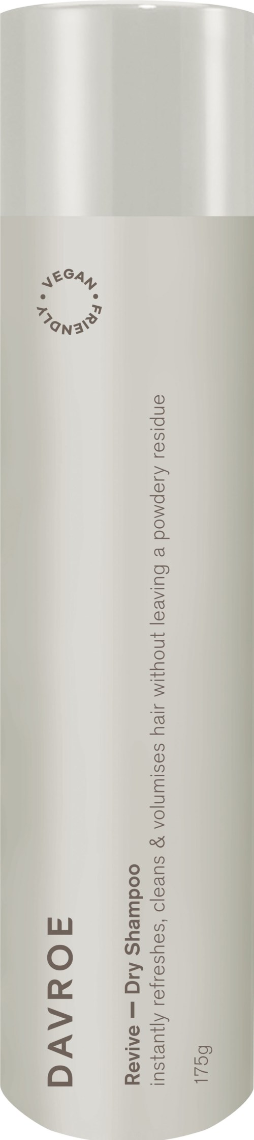 A tall, silver cylindrical bottle with black text for a dry shampoo product by Davroe.