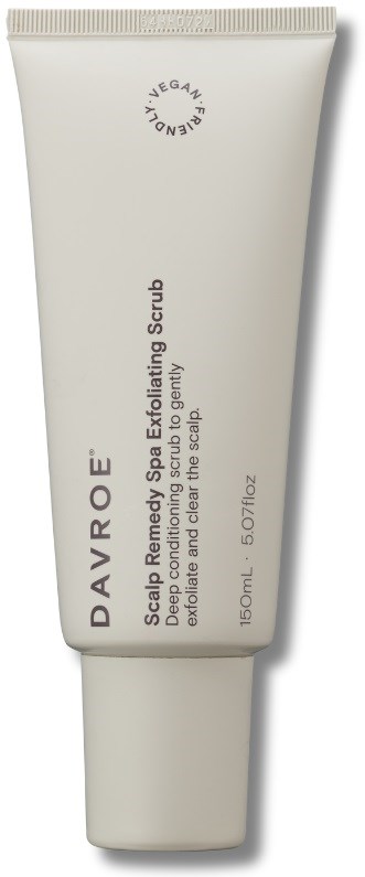 A white tube labeled DAVROE Scalp Remedy Spa Exfoliating Scrub, vegan and designed for scalp cleansing, 150ml.