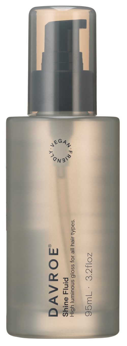 Vegan shine fluid in a silver bottle with black pump, labeled as Davroe, 95ml, for hair.