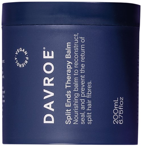 A blue container of Davroe split ends therapy balm, designed to nourish and repair hair by preventing split ends.