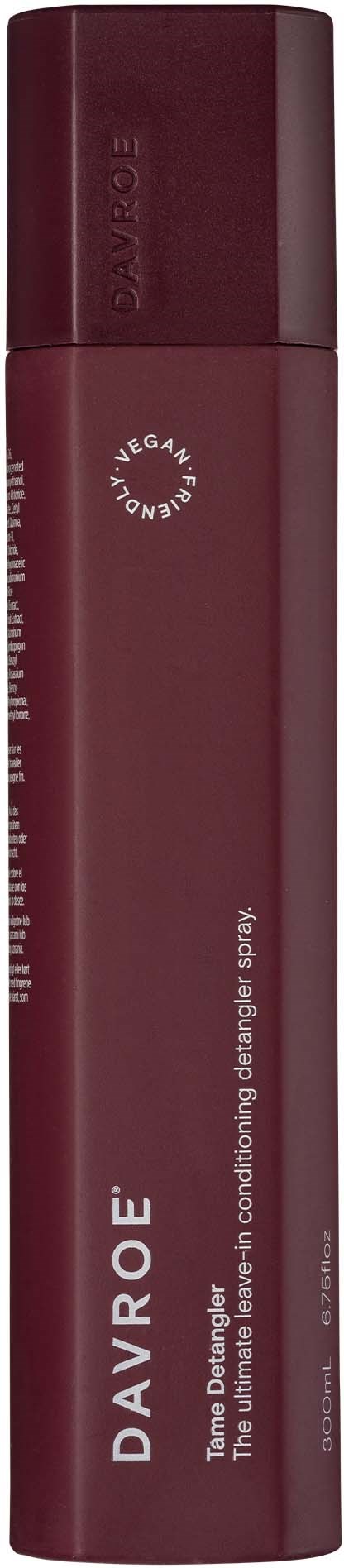 A tall, slim spray bottle in dark red color. It is labeled with the brand Davroe and mentions it is vegan. Consuming should be avoided.