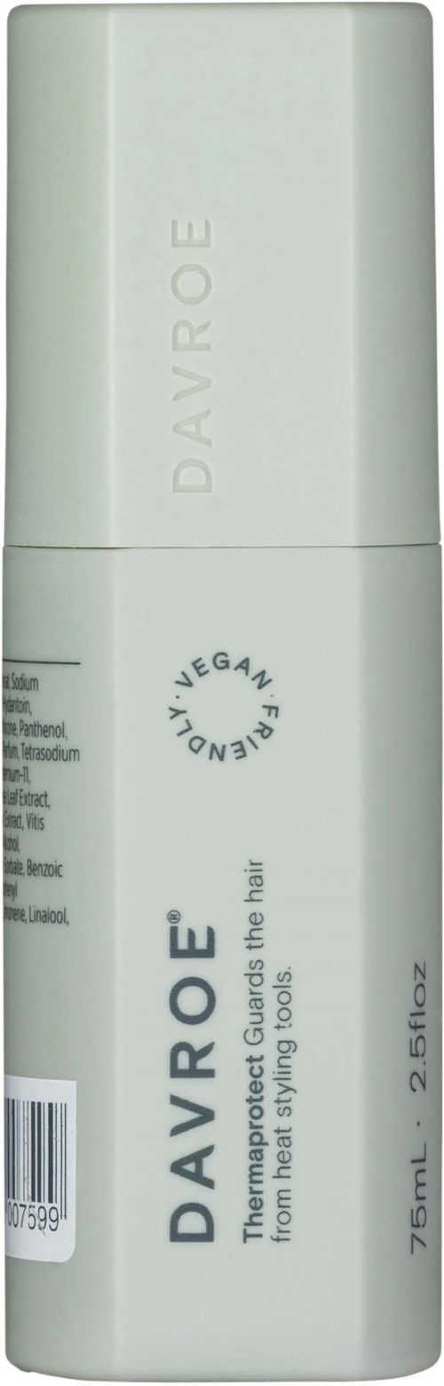Eine weiße Flasche mit DAVROE Hitzeschutz für Haare, schlichtes Design, vegan, 75ml/2,5 fl oz.