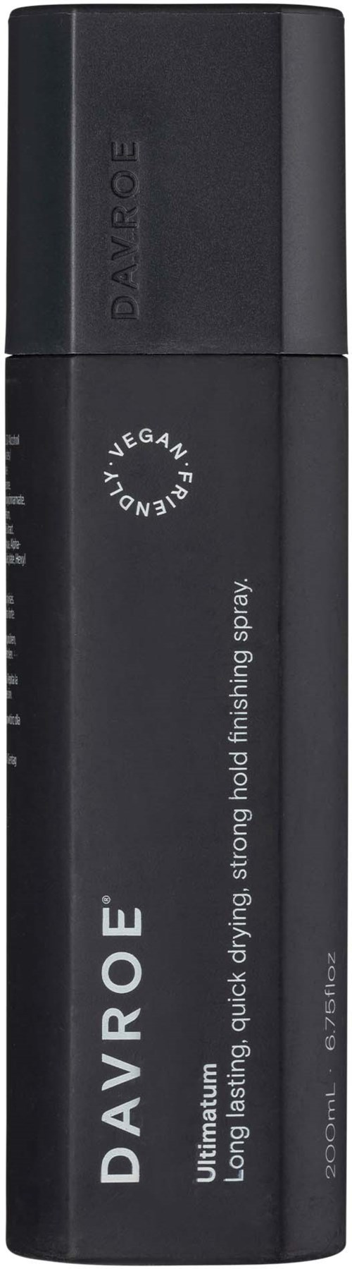 Black aerosol can with white text, labeled DAVLROE, for a strong hold finishing spray.