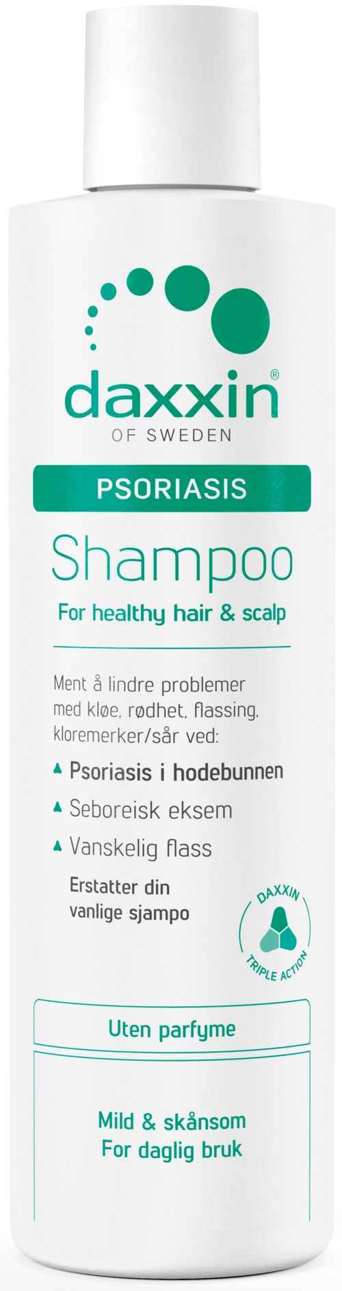Een wit flesje met Daxxin psoriasisshampoo met labeltekst en een klein logo.