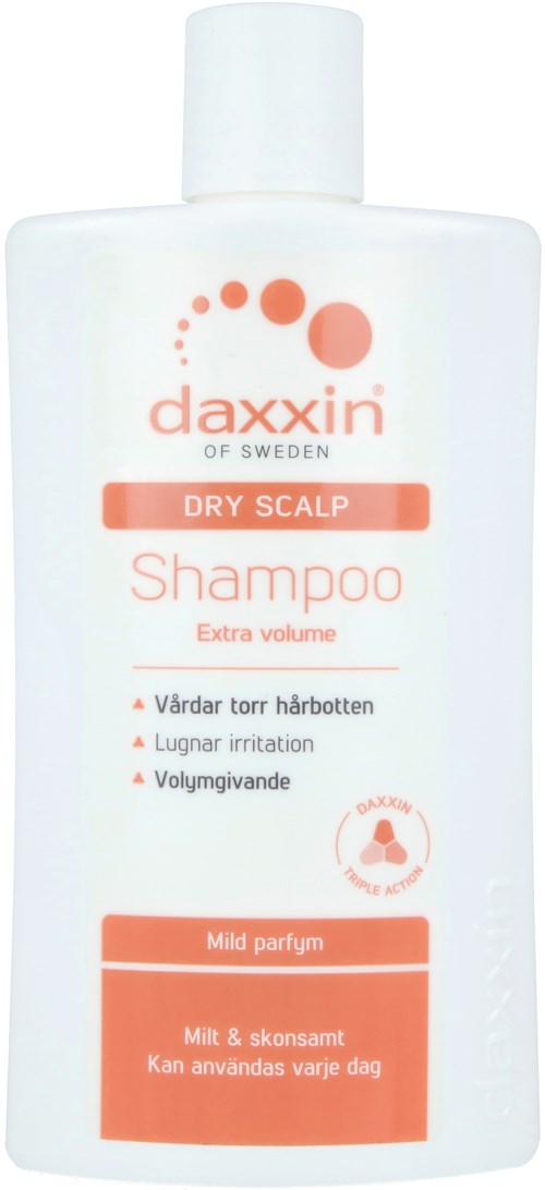Fles Daxxin droge hoofdhuid shampoo voor extra volume, milde geur, helpt droge hoofdhuid, irritatie en geeft volume.