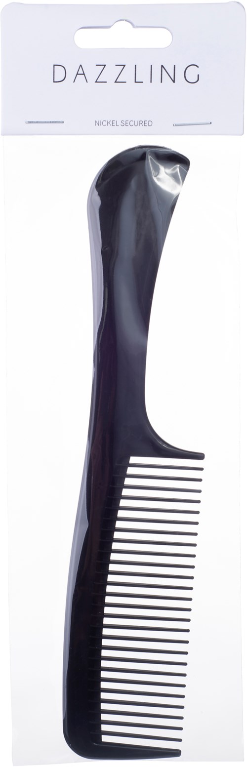 A black plastic comb in packaging labeled 'Dazzling' and 'Nickel Secured.'
