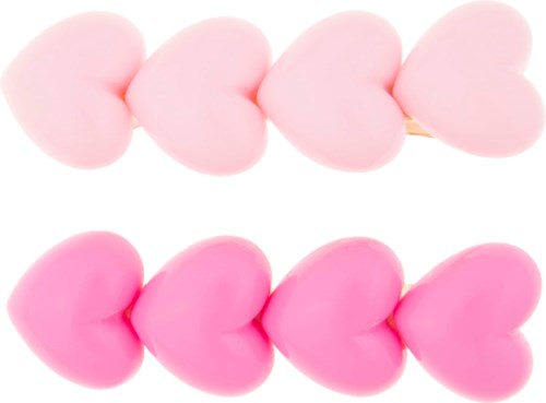 To rader med rosa hjerteformede objekter, lyse rosa oppå, mørkere rosa under, ordnet pent.
