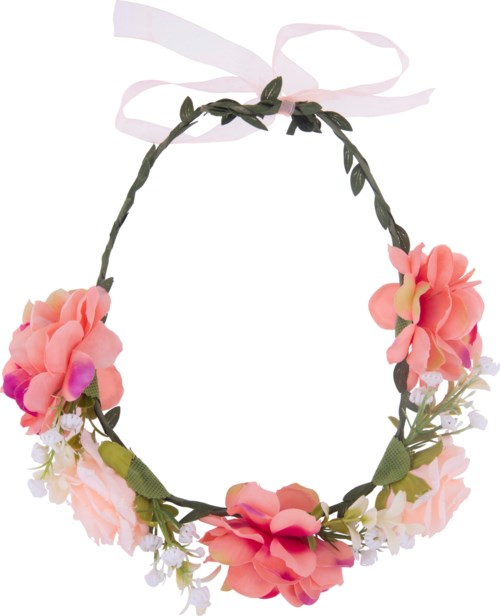 En blomsterkrans med rosa og ferskenfargede blomster, grønne blader, og et hvitt bånd knytt øverst.
