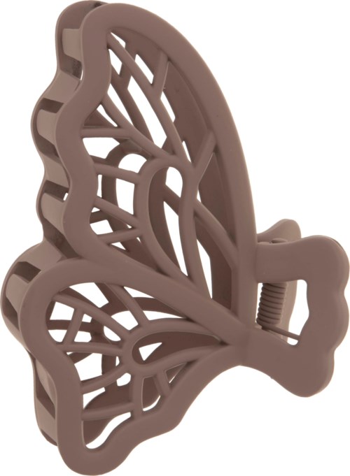 En butterfly-formet hårklemme med et detaljert, hullestreke design i brunt plastmaterial.