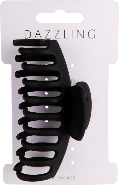 A black hair clip on a white card with 'DAZZLING' written at the top.
