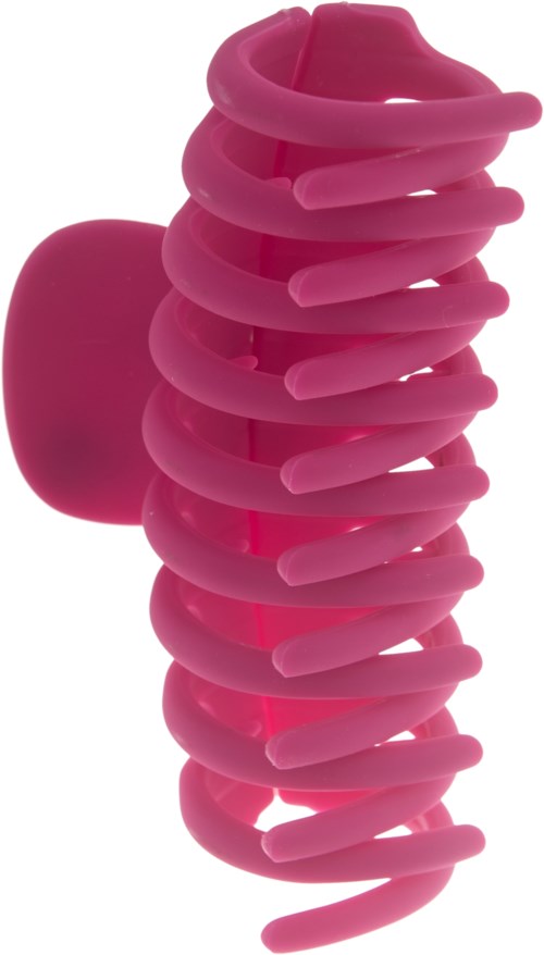A pink plastic hair claw with a spiraled design. It has a rounded handle on one side. Suitable for holding hair.