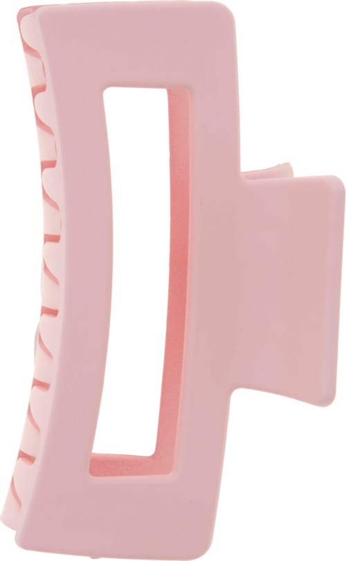 Pink plastic clip with a curved side and a rectangular opening, designed to hold or secure objects.