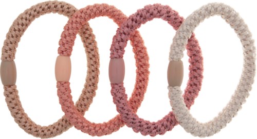 Fire strikkede hårbånd i beige, rosa, lilla og hvit med treende ender.