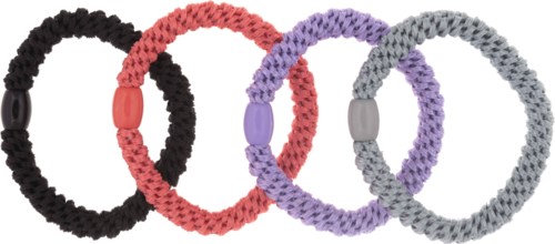 Fire fargede flettede hårbånd med plastklips, i svart, rosa, lilla og grå, linje opp i rad.
