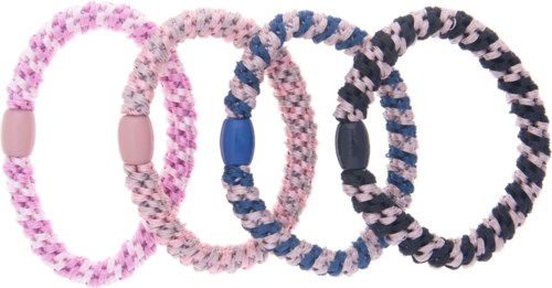 Fire frisørperler i rosa, rosa og grå, blå og rosa, og svart og blå farger.