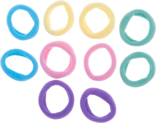 Colorful hair ties in blue, yellow, pink, purple, and teal on a white background.