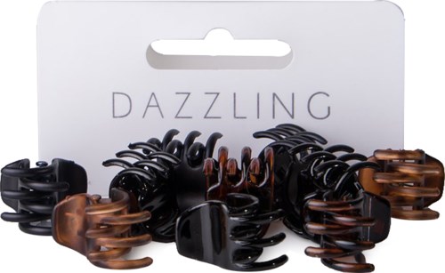 Ett set svarta och bruna hårklämmor med märket 'Dazzling' i förpackningen.