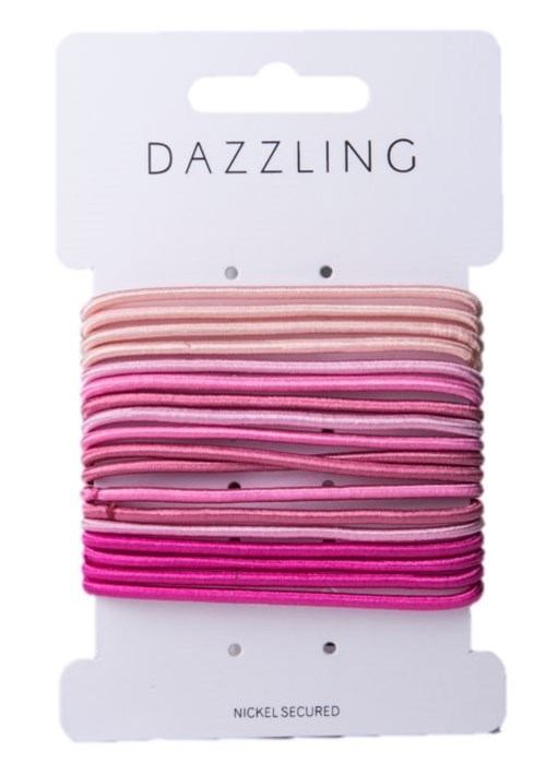 En förpackning med rosa och beige hårband som heter DAZZLING, säkrade med ett nickellås.