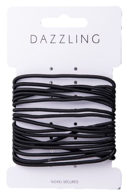 Ett set svarta elastiska hårsnoddar på ett vitt kort med texten "Dazzling" och "Nickel Secured".