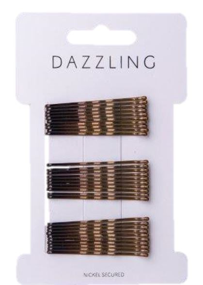 Tre uppsättningar hårspännen med svart och beige randigt mönster, på en vit bakgrundskort med texten 'Dazzling' och 'Nickel Secured.'