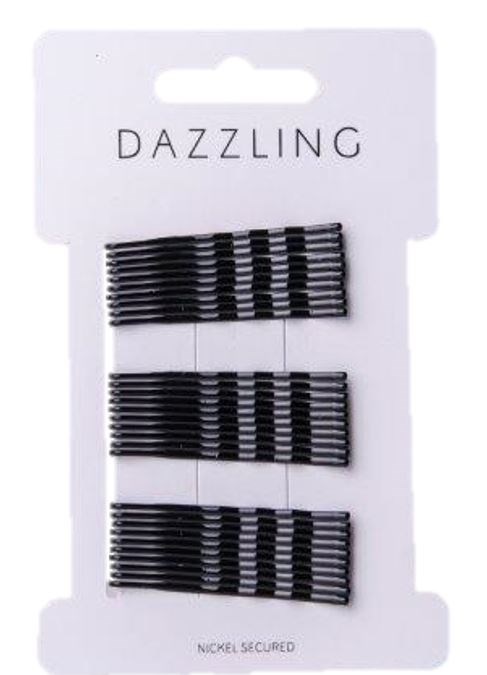 Three black hair clips with silver stripes are on a white background. The brand name "DAZZLING" is at the top.