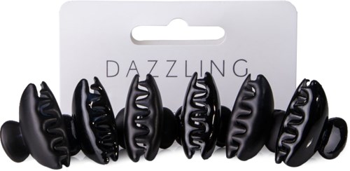Six black hair clips on a white card labeled 'Dazzling'.