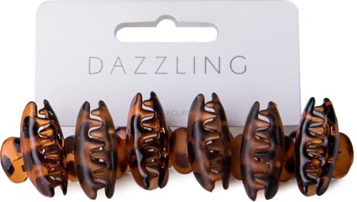 Set of six brown hair claw clips on a white card labeled 'Dazzling' or similar.