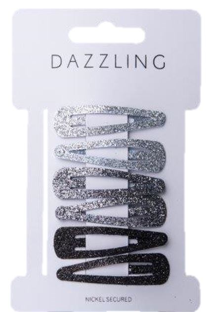 Ett paket med fem glitterklämmor i olika nyanser från ljus silver till svart, kallade Dazzling.