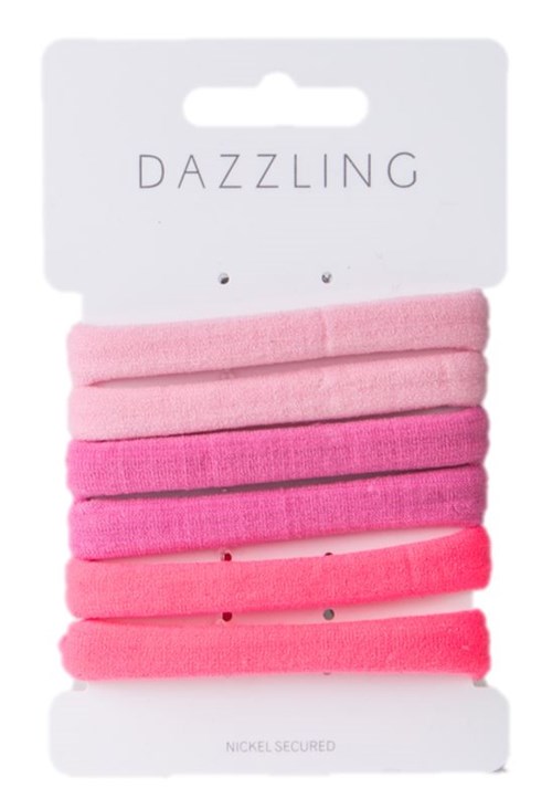 Et sett med fem rosa hårbånd på et hvitt kort med 'DAZZLING' skrevet øverst.