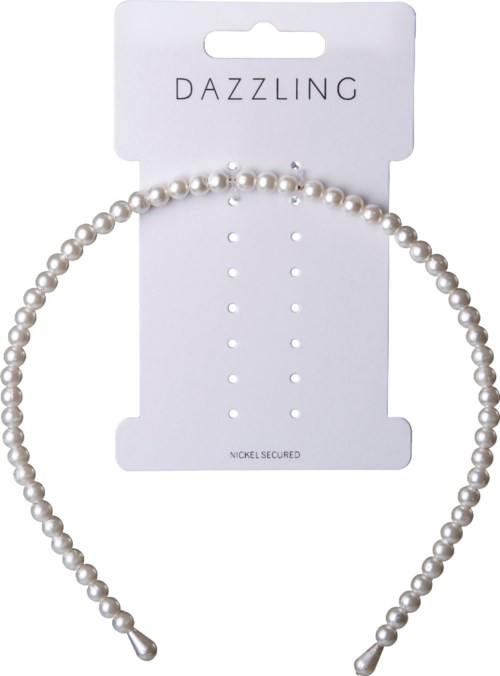 En rad vita pärlor med silverändar på ett vitt kort med text 'Dazzling' och 'Nickel Secured'.