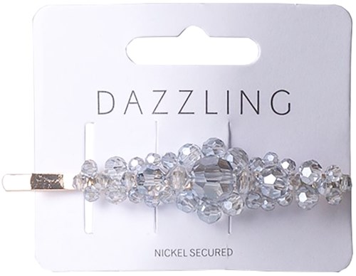 A hair clip decorated with shiny, clear beads on a white card. The card has the brand name 'Dazzling' and 'Nickel Secured' label.