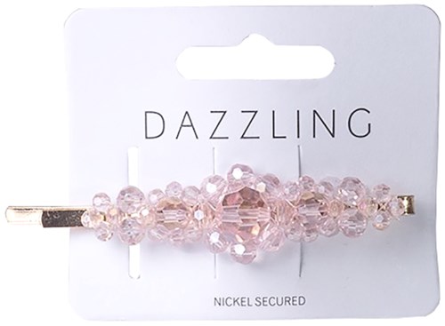 En hårnål med rosa pärlor på ett vitt kort märkt "Dazzling" och "Nickel Secured."