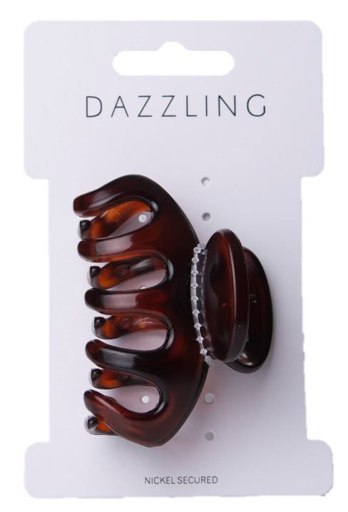 En stor brunt hårklämma med vågigt mönster på ett vitt kort märkt "Dazzling."